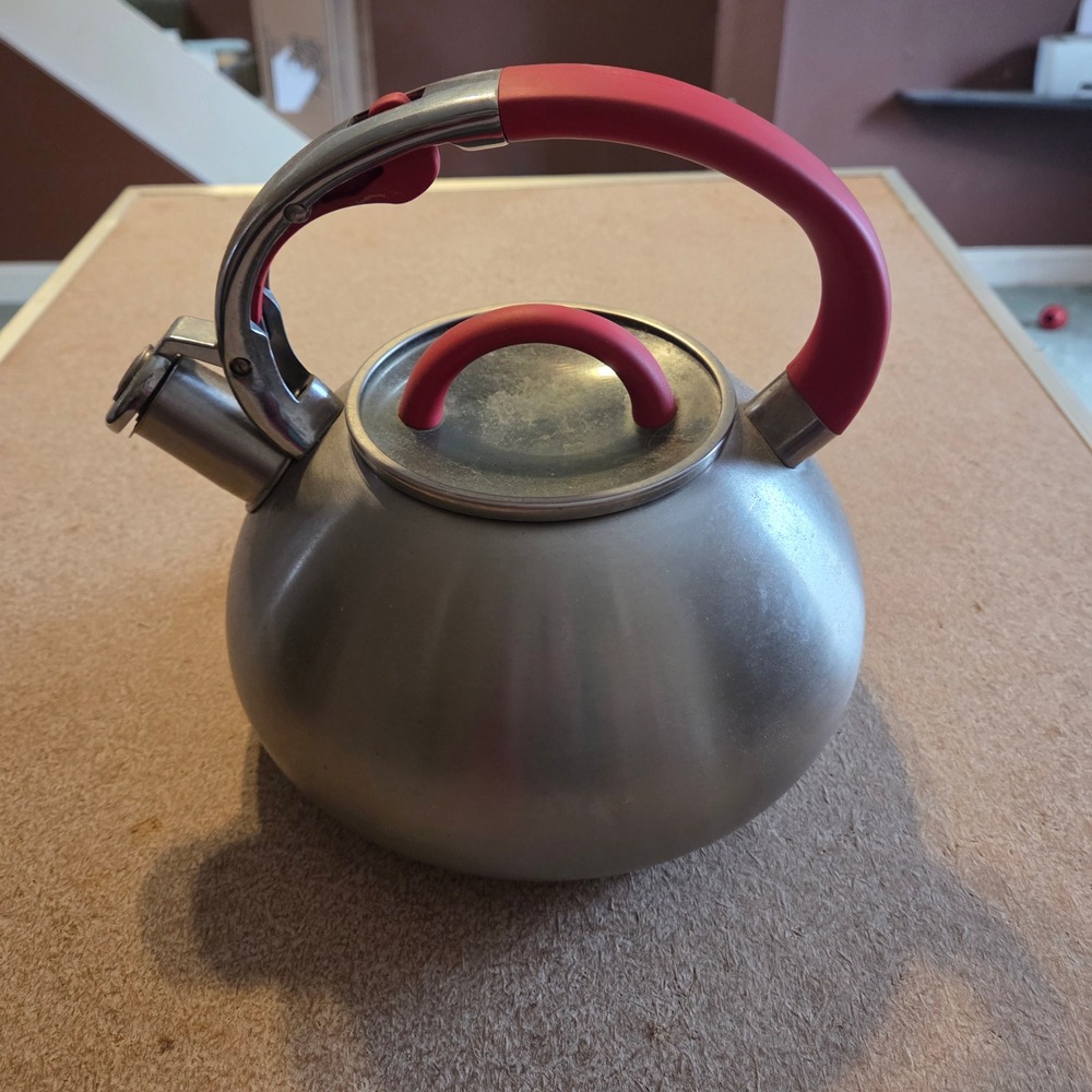 Brandani Stainless Steel Whistling Tea‎ Kettle Red Handle Induction Gas Silver